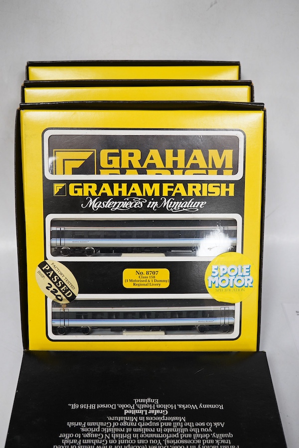 Four boxed Graham Farish N gauge railway train packs; two BR Regional Railways Class 158 2-car DMUs (8707), plus additional 2-car coach set (0887), and a Network SouthEast Class 159 3-car DMU (8748). Condition - good.